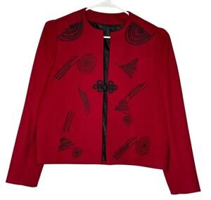 Vintage Red Wool Cropped collarless blazer black accents & frog goggle size M